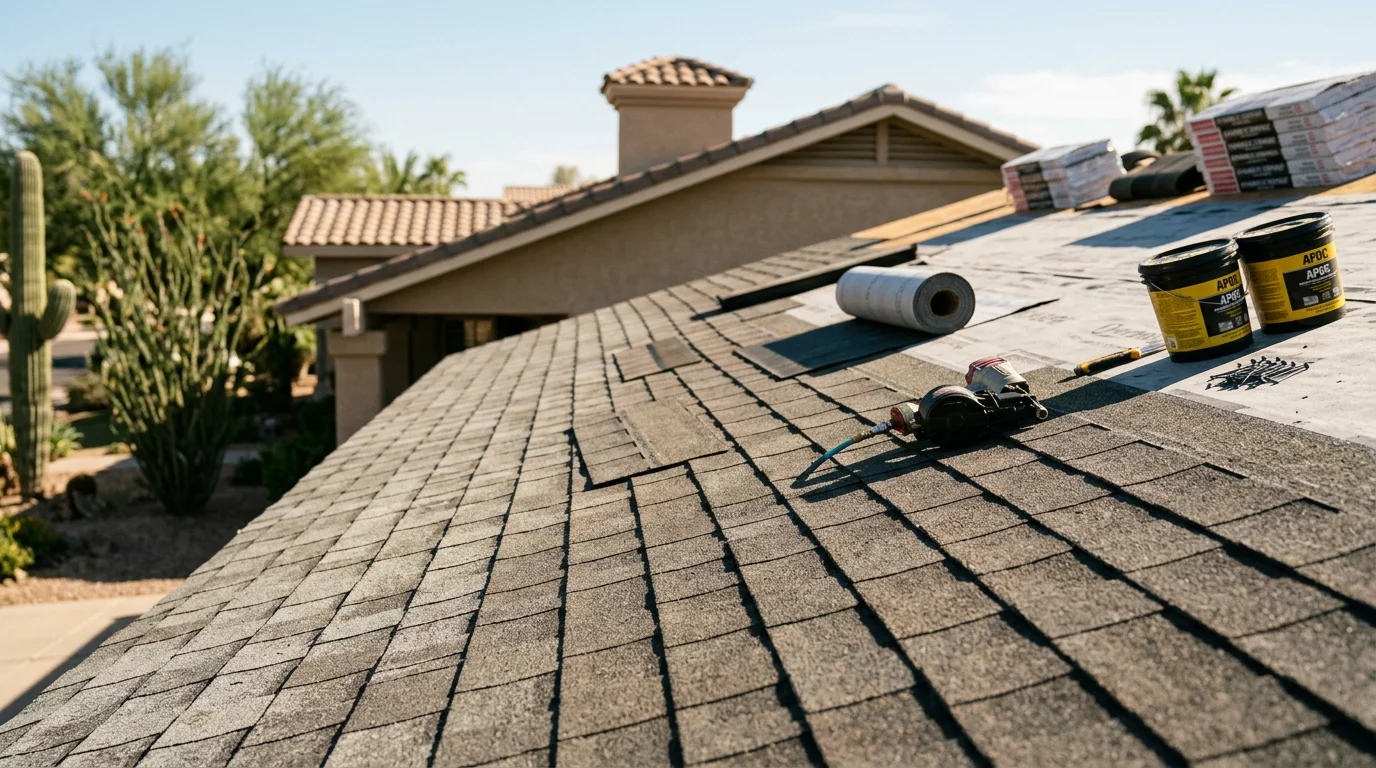 A Paradise Valley residential roof with a freshly recovered surface layer applied over the existing structure, set against the clear Arizona sky. The completed roof recovering work shows uniform surface coverage on a single-story home typical of the greater Scottsdale area.