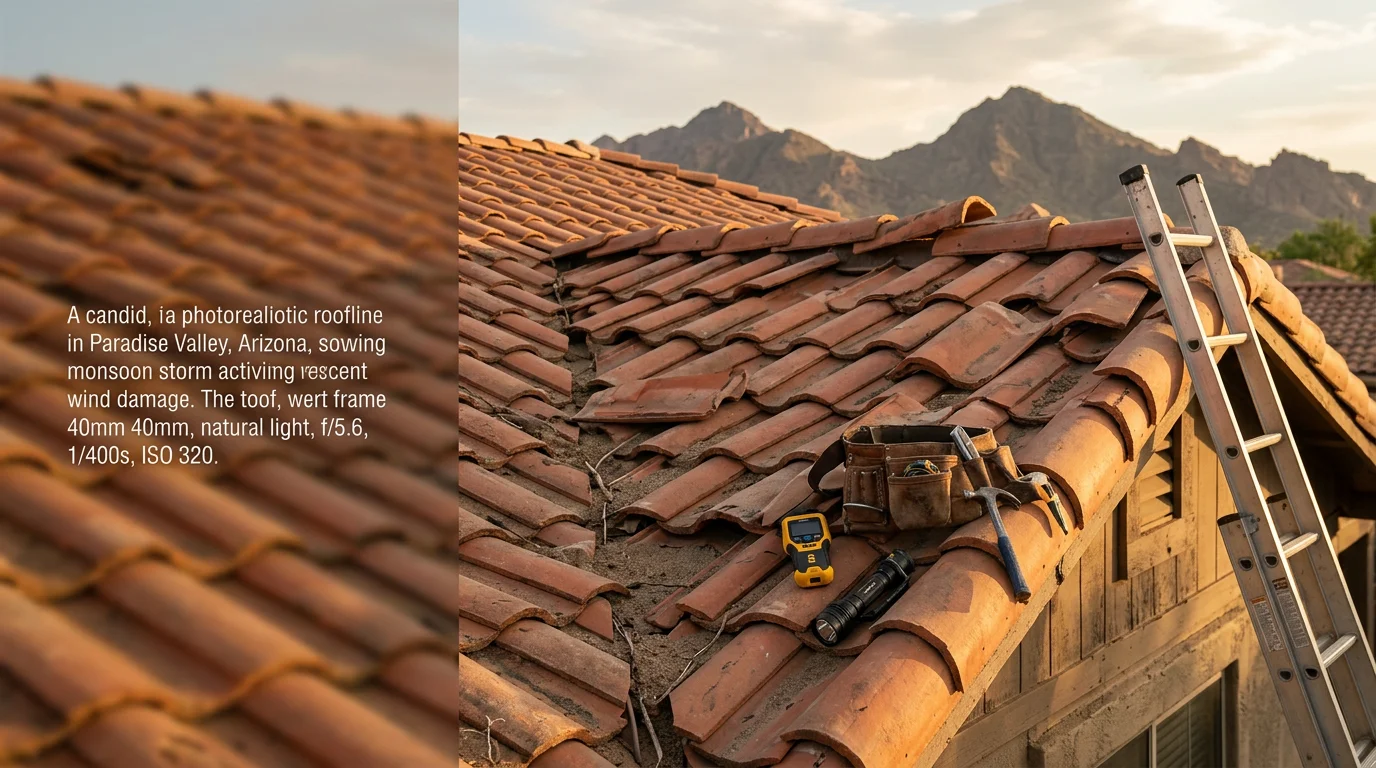 A Paradise Valley residential roof showing displaced ridge cap tiles and exposed flashing along a hillside slope following a monsoon wind storm. An Irish Roofing Company crew member inspects the windward section of the tile roof from a ladder.