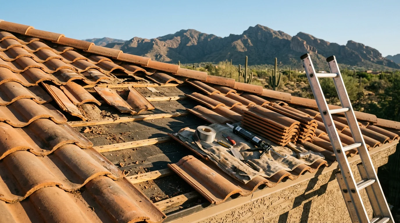 A Paradise Valley custom home with a concrete tile roof showing a completed repair to cracked and displaced tiles along a valley flashing line. The repaired section blends with the surrounding desert-toned tile against a clear Arizona sky.