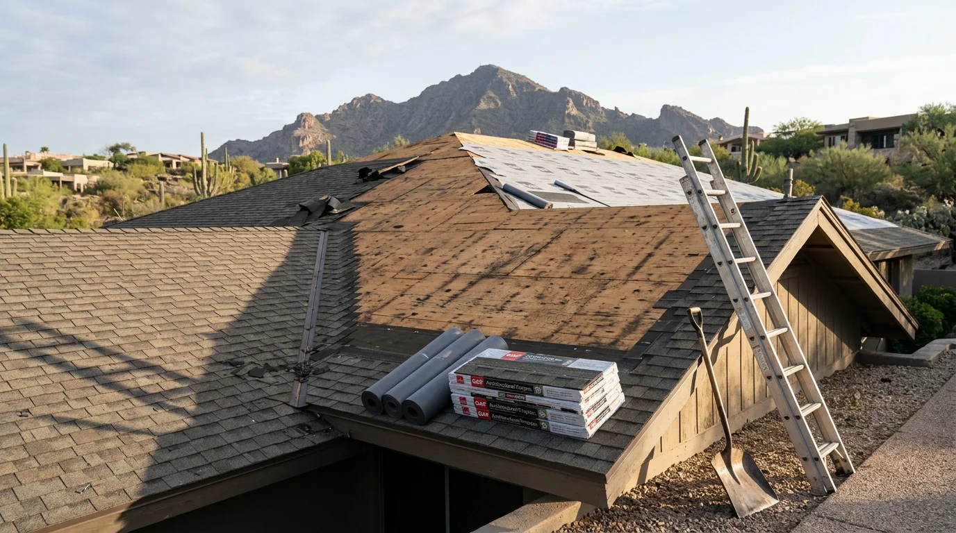 A completed roof replacement on a large custom home in Paradise Valley, Arizona, showing a freshly installed tile roof across a multi-section roofline with desert mountain terrain visible in the background. The image captures the scale of the home and the clean finish of the new roofing system against a clear Arizona sky.