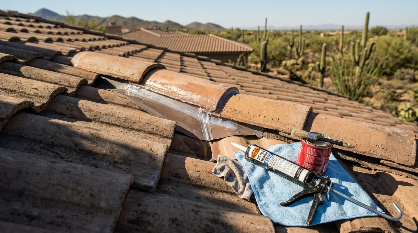 A roofing contractor applying sealant to the ridge cap and flashing joints on a tile roof in Paradise Valley, Arizona. The desert landscape and clear blue sky are visible in the background, showing the intense sun exposure the roof faces year-round.