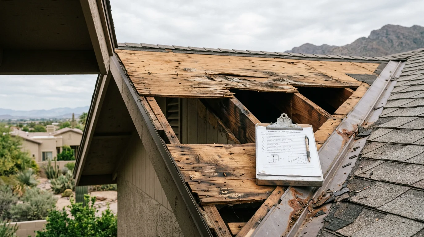 A roofing contractor examining exposed roof decking and rafter framing on a Paradise Valley, AZ home during a structural repair assessment. Visible wooden framing and open deck sections show the underlying roof structure before new materials are installed.