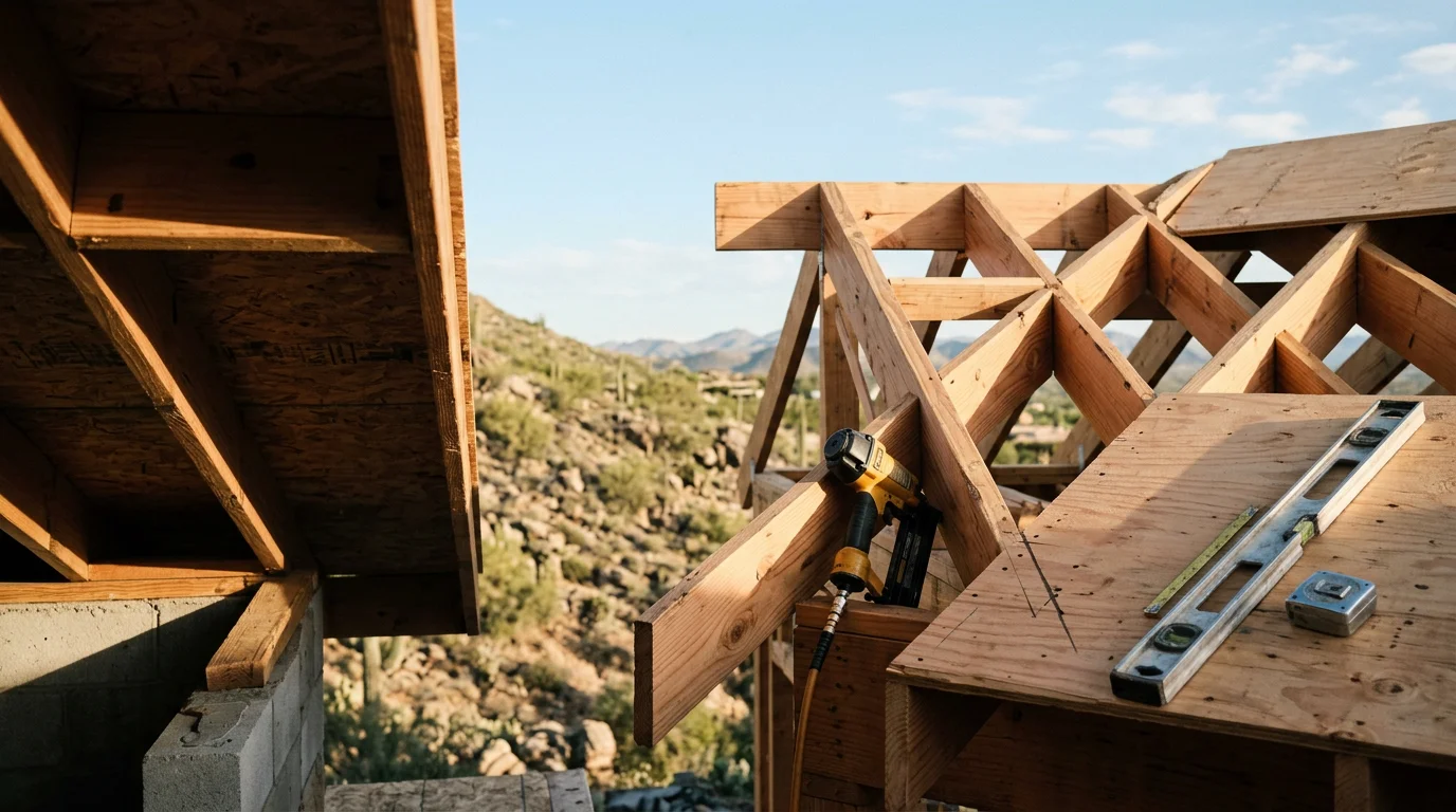 A roofing crew from Irish Roofing Company inspecting and repairing roof decking and framing on a large residential home in Paradise Valley, Arizona, with desert mountain terrain visible in the background. Close-up view shows exposed rafter structure and new decking boards being secured before surface material installation.