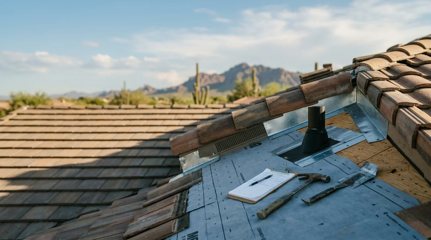 A close-up view of a Paradise Valley home roof showing layered components including underlayment, metal flashing at a valley, and a tile surface under bright Arizona sunlight. A roofing technician from Irish Roofing Company inspects the flashing detail at a roof-to-wall transition.
