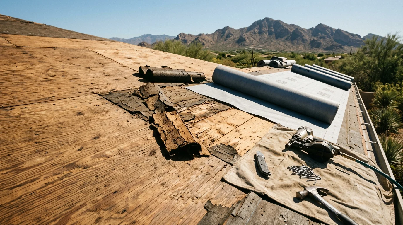 A roofer from Irish Roofing Company installing new underlayment across a tile roof deck on a Paradise Valley home, with the desert landscape and clear Arizona sky visible in the background. Fresh underlayment sheets are laid flat across the wood decking ahead of tile reinstallation.