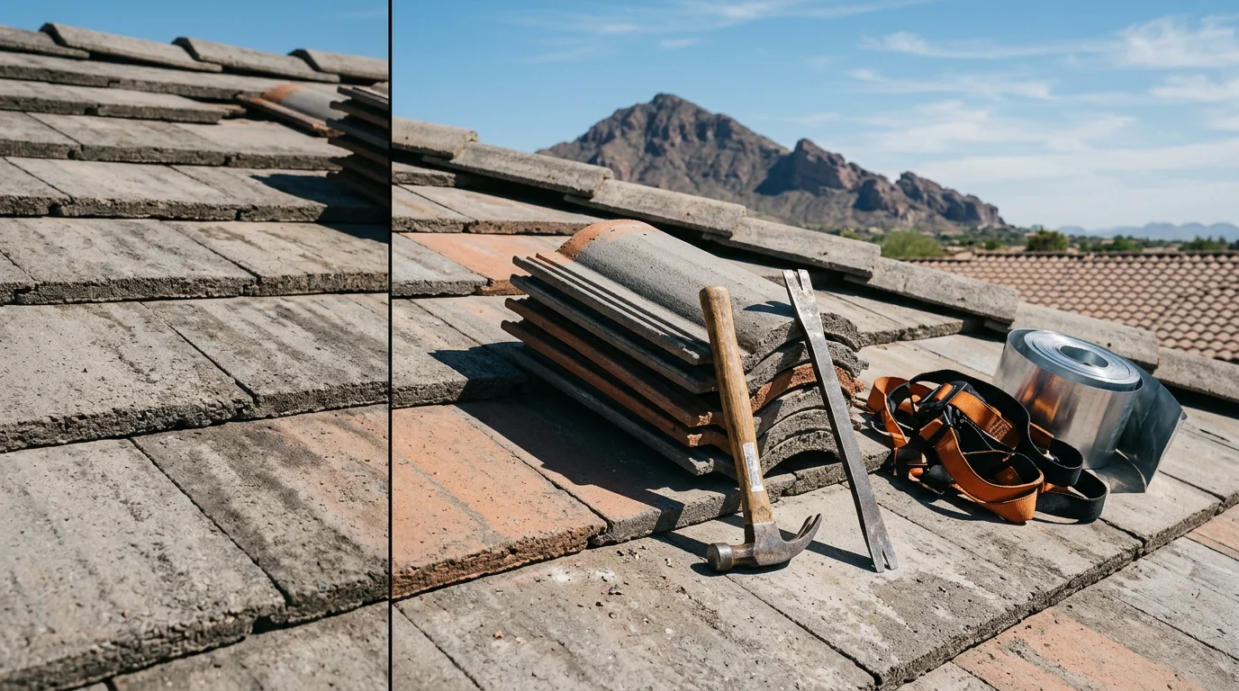 A large custom tile roof on a Paradise Valley, Arizona home showing a completed roofing inspection after monsoon season. The concrete tile surface is clean and intact, with mountain terrain visible in the background.