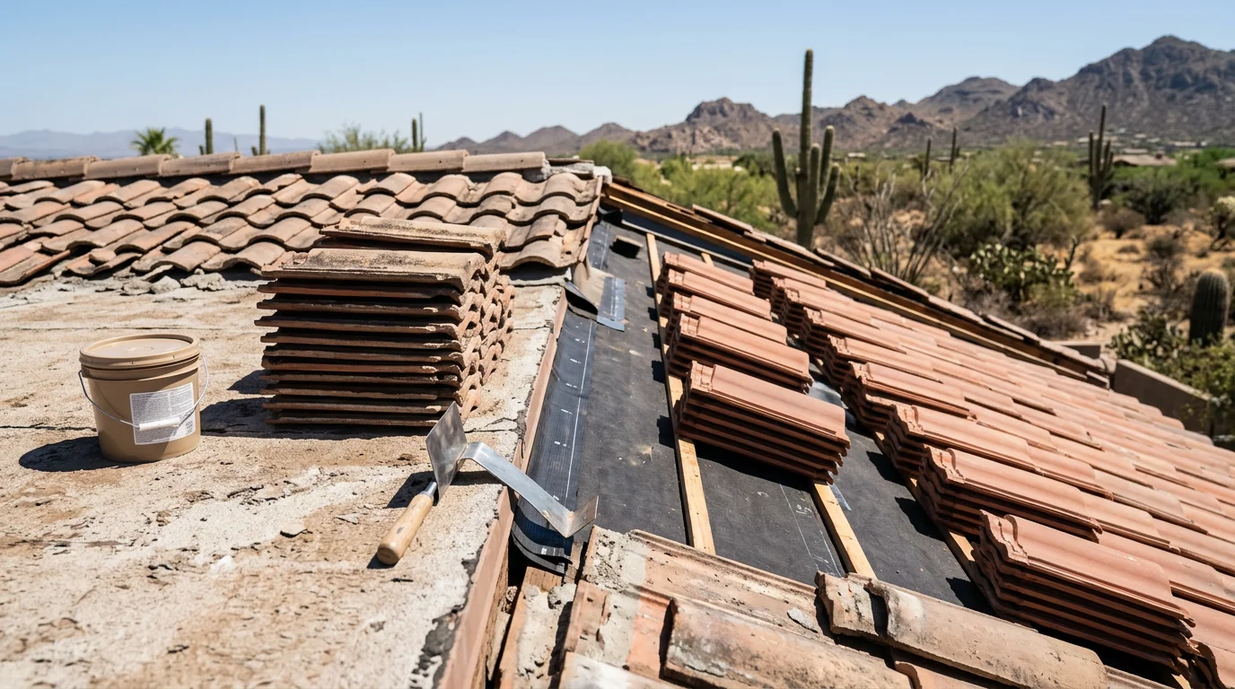 A roofing contractor inspecting a tile roof on a residential home in Paradise Valley, Arizona, with clear blue sky and desert landscape visible in the background. Close-up view shows the tile surface and ridge line being assessed for heat and storm damage.