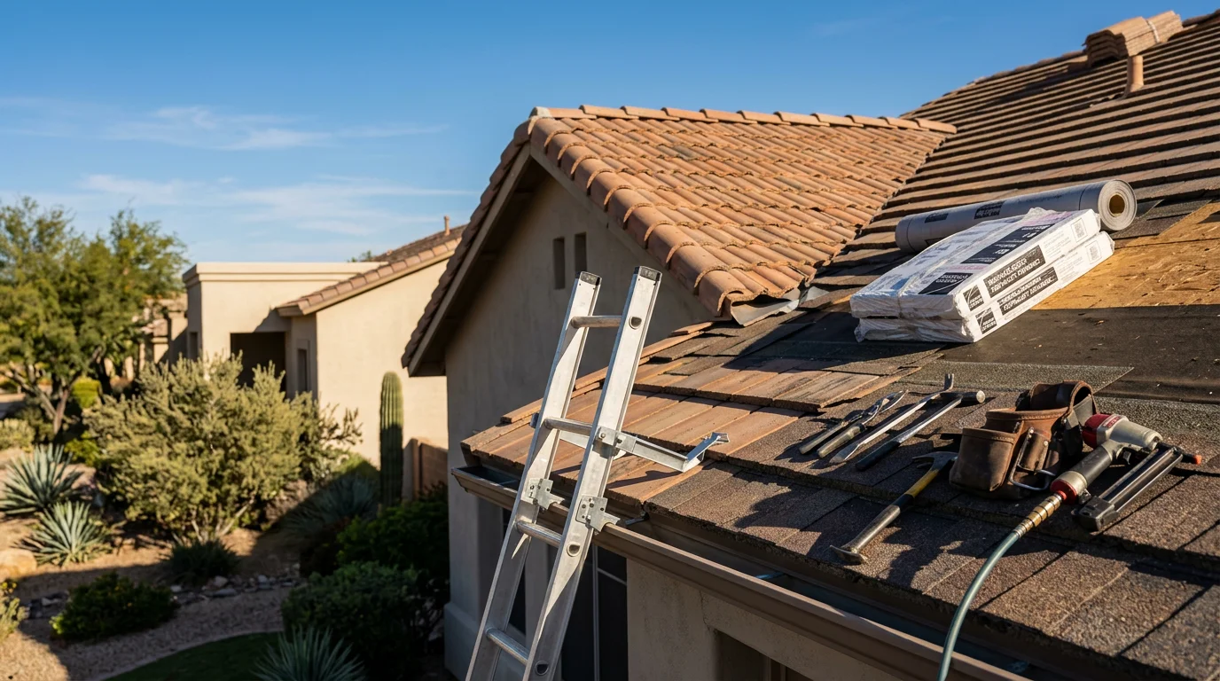 A residential rooftop in Paradise Valley, Arizona showing a completed roofing installation with tile surface and clean flashing details against a clear desert sky. The home reflects the desert contemporary style common to the Paradise Valley area.