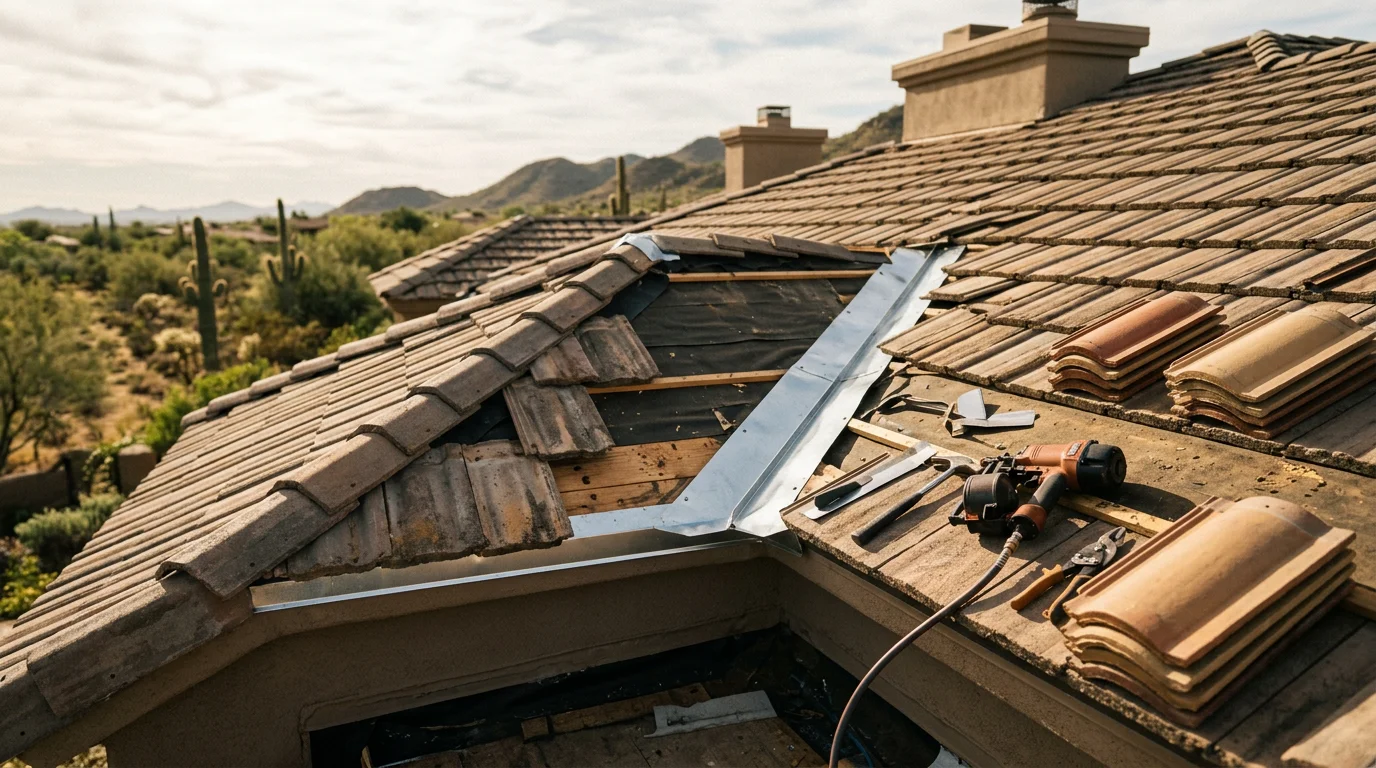 A residential rooftop in Paradise Valley, Arizona showing a tile roof system with desert mountain terrain visible in the background. An Irish Roofing Company crew member inspects the ridge and flashing areas following monsoon season.