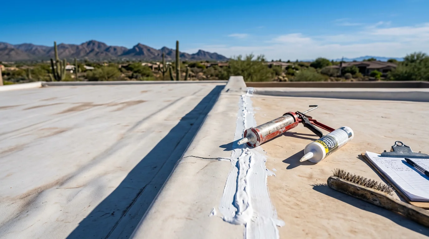 A roofer applying sealant along the flashing and ridge line of a tile roof on a Paradise Valley home under clear Arizona sky. Close-up view shows repaired mortar joints and fresh sealant around a roof penetration on a desert residential property.