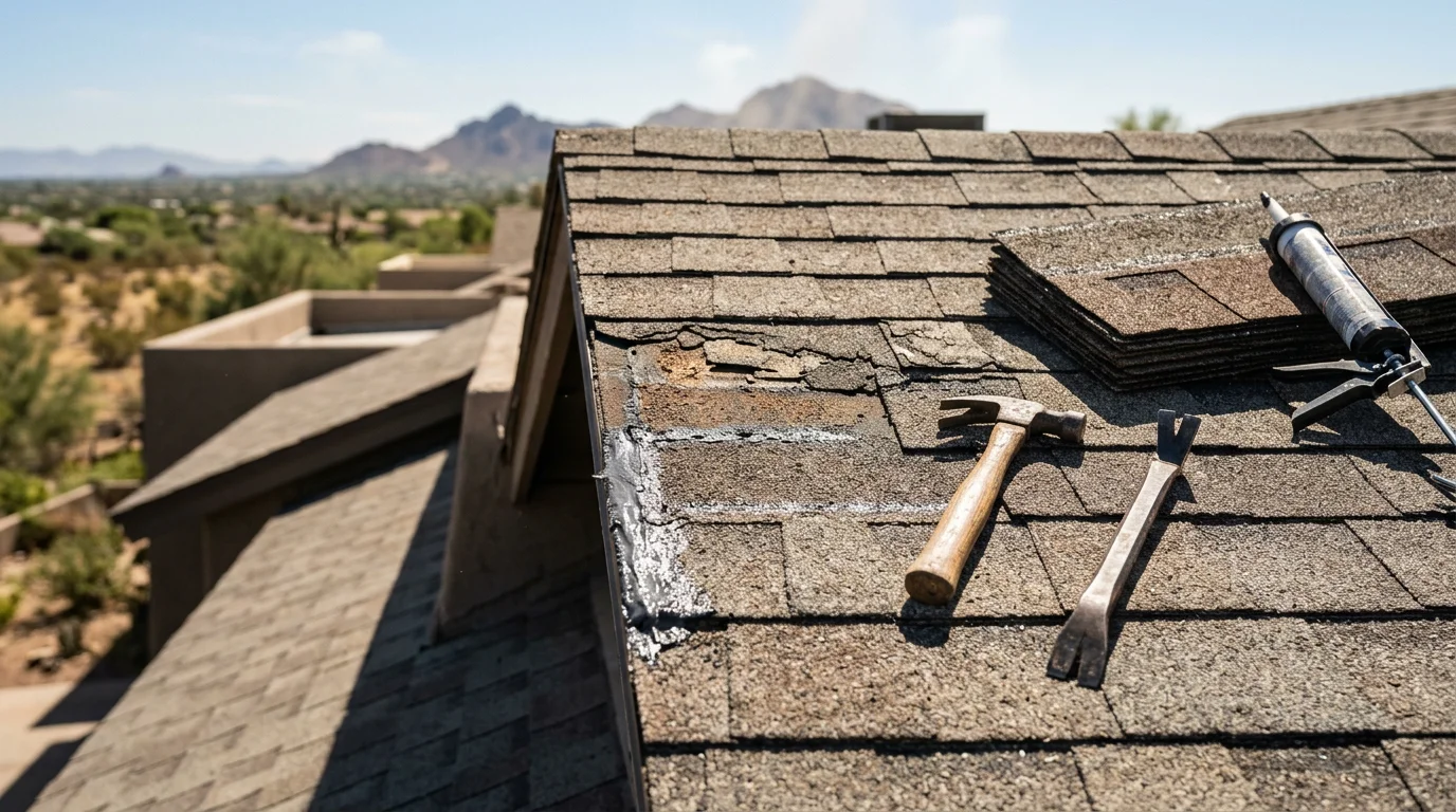 A Paradise Valley home's shingle roof showing a completed repair section with uniform shingles and sealed edges against a clear Arizona sky. Close-up view of the repaired area alongside the surrounding weathered shingle field.