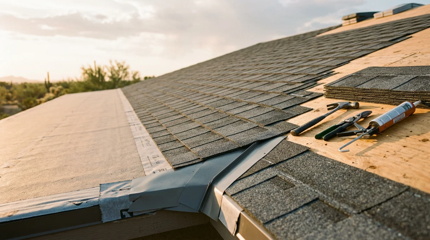 A completed shingle roof system on a residential home in Paradise Valley, Arizona, showing clean ridge lines and uniform shingle coursing under clear desert sky. The roof reflects a full system installation with visible drip edge flashing and tight valley work suited to the Sonoran Desert climate.