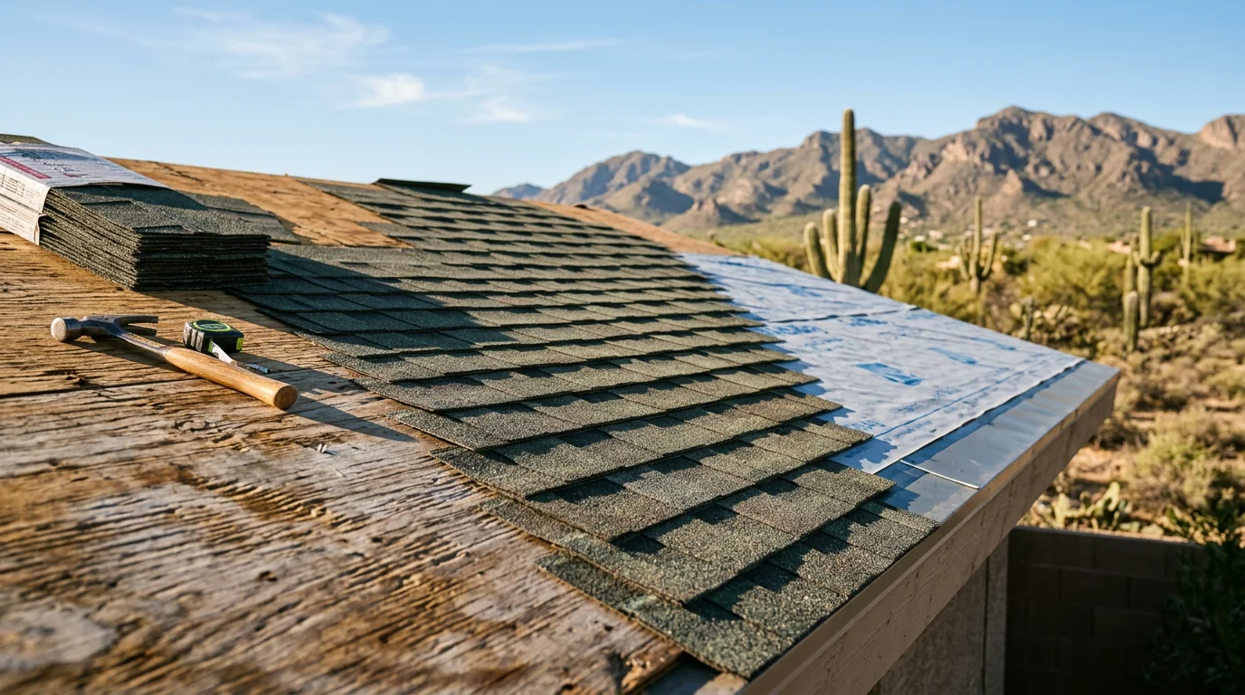 A completed shingle roofing installation on a residential home in Paradise Valley, Arizona, showing uniform shingle coverage across a multi-pitch roofline under clear desert sky. Close view of the ridge and field shingles with clean flashing detail at the roof edge.