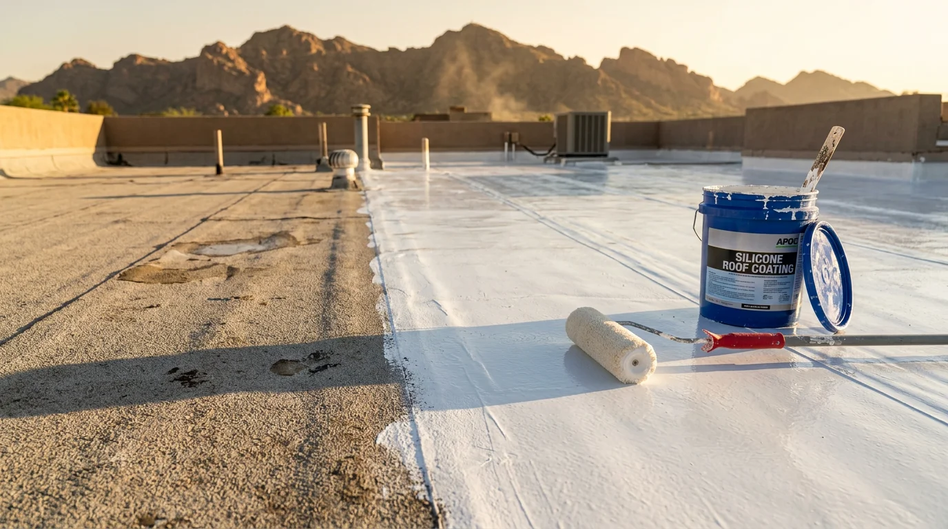 A freshly silicone-coated flat roof on a Paradise Valley residential property, showing a smooth, bright white seamless surface under clear Arizona sky. The coating covers the full roof deck with no visible seams or cracks.