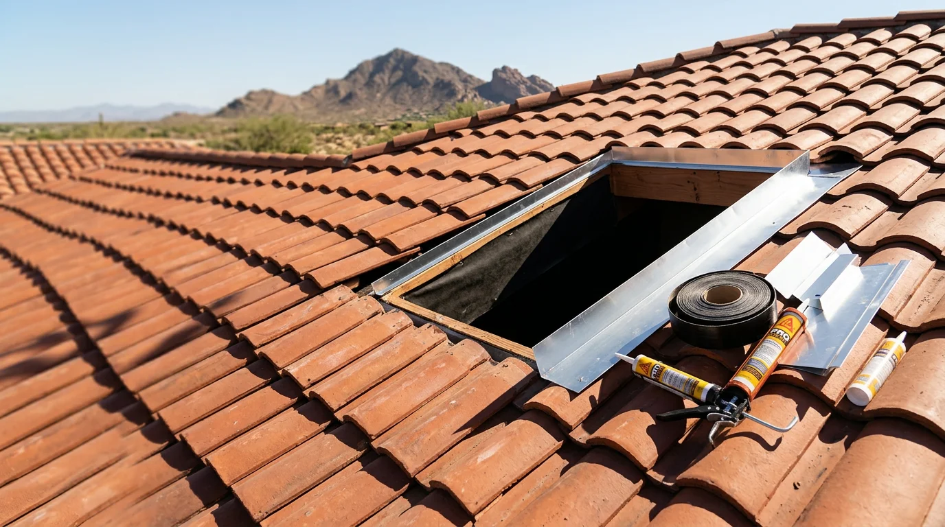 A newly installed skylight on a tile roof in Paradise Valley, Arizona, with clean step flashing visible around the frame and bright natural light visible through the glazing. The surrounding tile work is intact and properly seated after installation.
