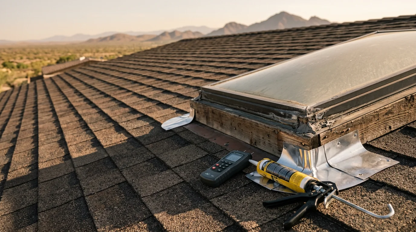 A roofing contractor inspecting a skylight on a tile roof in Paradise Valley, Arizona, checking flashing and seals for signs of monsoon damage and UV wear.