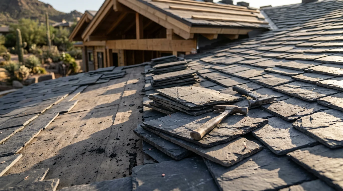 A steep-pitched slate tile roof on a large estate home in Paradise Valley, Arizona, showing natural stone tiles with copper flashing details along the valleys and ridge line. The surrounding desert landscape and clear blue sky are visible in the background.
