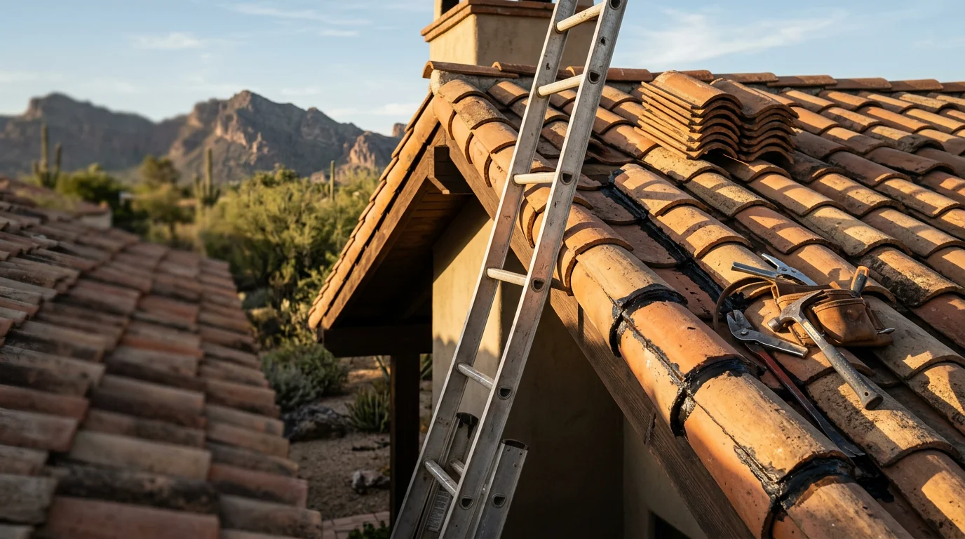 A sloped clay tile roof on a residential estate in Paradise Valley, Arizona, showing clean ridge lines, intact hip flashing, and desert mountain terrain in the background. Close detail of the tile surface and valley junction visible in afternoon sunlight.
