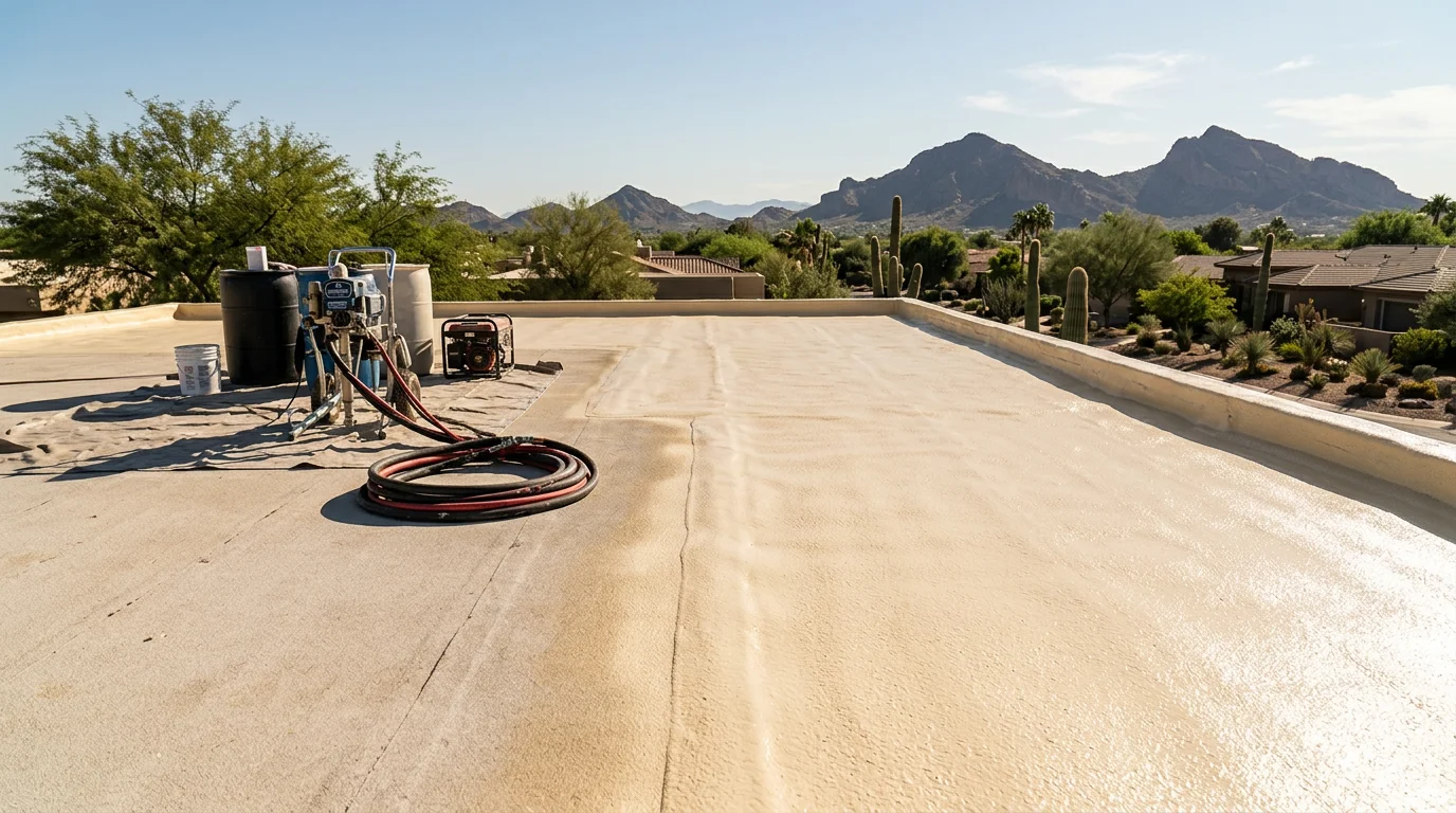 Close-up of a freshly applied spray foam roof on a flat-roofed Paradise Valley home, showing a smooth, seamless white surface under bright Arizona sunlight. The surrounding desert landscape and tile-roofed neighboring homes are visible in the background.