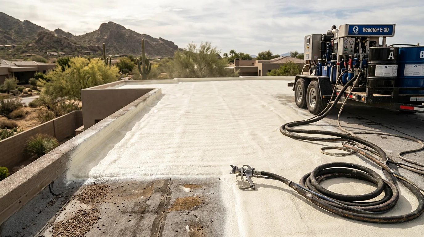 A completed spray polyurethane foam roof on a flat-roof home in Paradise Valley, Arizona, showing a smooth white reflective surface under clear desert sky. Close-up view highlights the seamless, joint-free foam coating applied across the full roof deck.