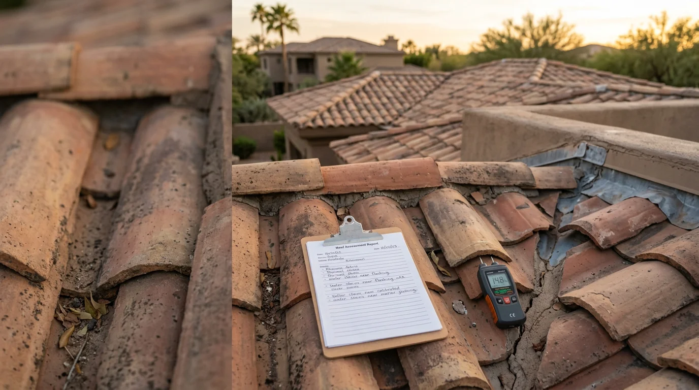 A roofing professional from Irish Roofing Company examining tile and flashing condition on a Paradise Valley rental property roofline. The assessment documents visible storm wear and drainage points on a multi-hip roof typical of the area.