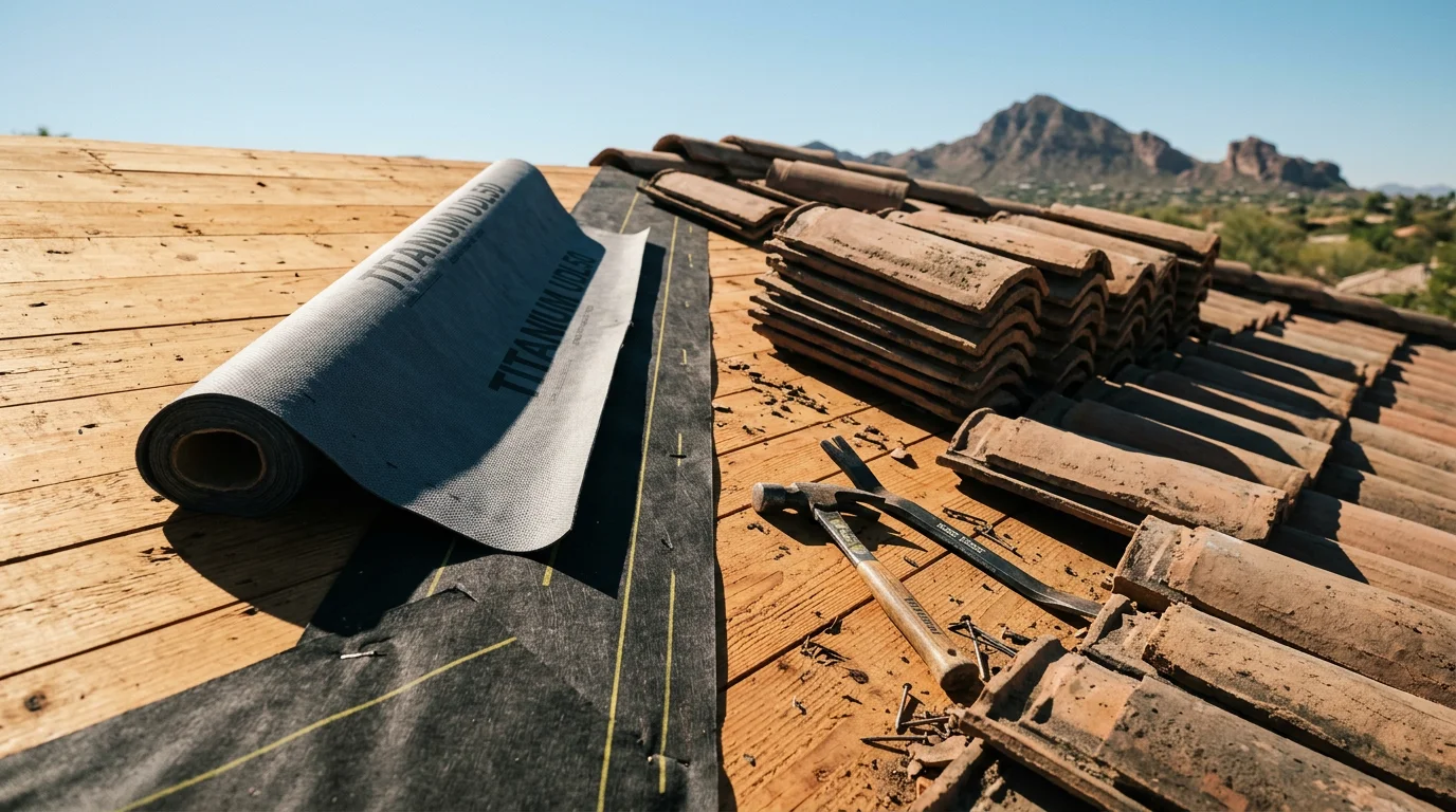 A Paradise Valley home with clay tile roofing being re roofed by Irish Roofing Company, showing removed tiles stacked on the roof deck with fresh underlayment being installed beneath the desert sun.