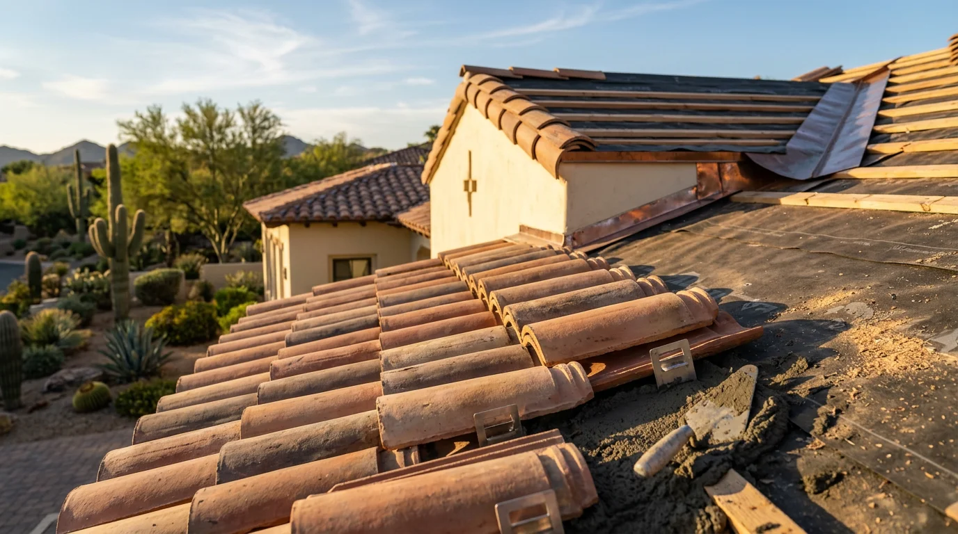 A completed tile roof installation on a stucco Southwest-style home in Paradise Valley, Arizona, with clean ridge lines and uniform tile placement under a clear desert sky.