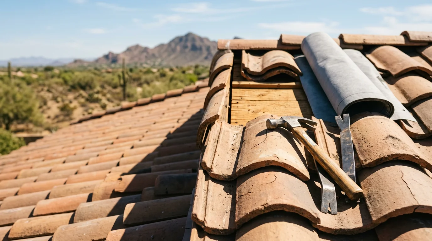 A clay tile roof on a desert home in Paradise Valley, Arizona, showing the full tile field and ridge line against a clear blue sky. Close-up view of intact tiles and properly sealed flashing at a roof valley after a tile roof service by Irish Roofing Company.