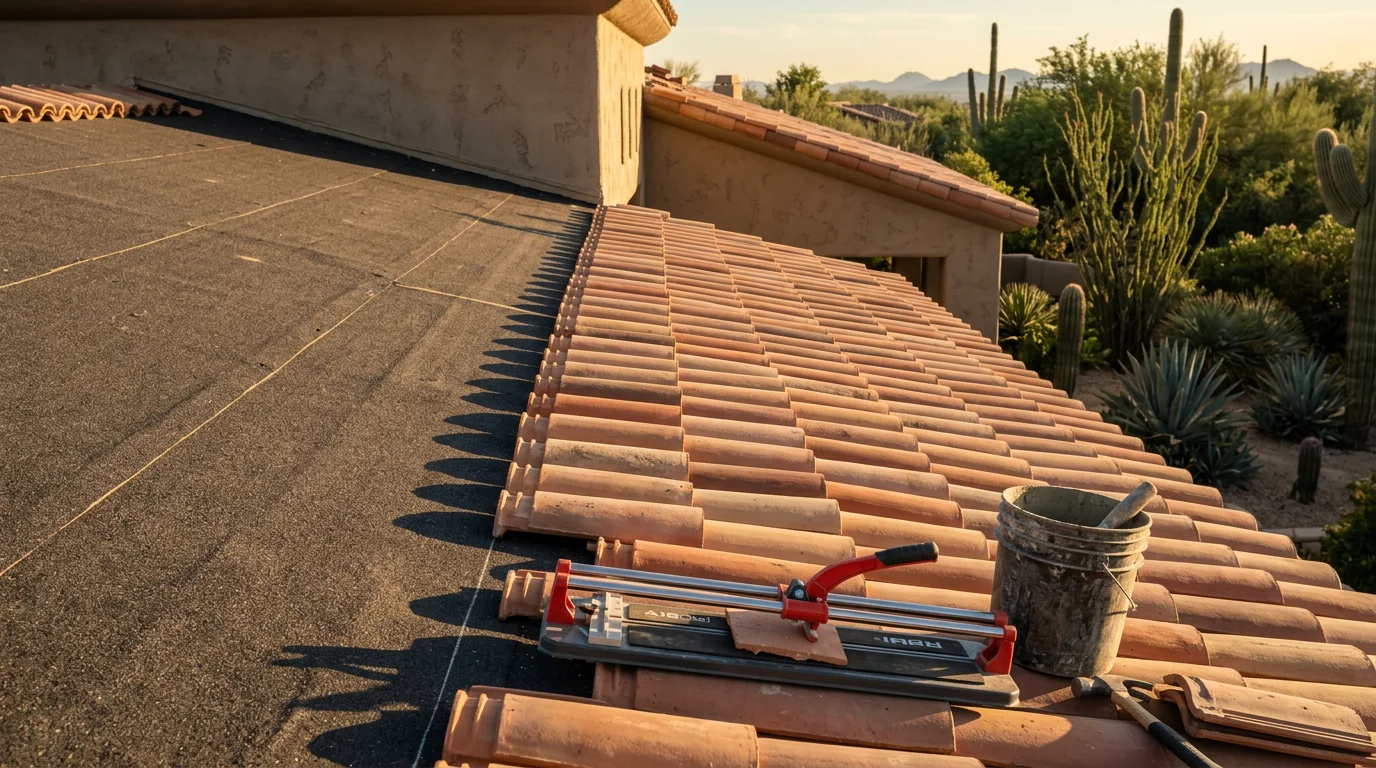 A completed tile roofing system on a residential home in Paradise Valley, Arizona, showing uniform clay tile installation across a pitched roof with a desert landscape in the background. The tile profile and warm earth tones reflect the Southwest architectural style common to the neighborhood.