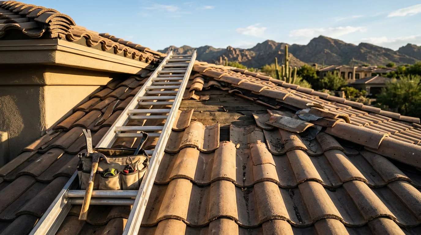 A residential rooftop in Paradise Valley, Arizona showing a completed roof installation on a custom home with desert landscape in the background. Irish Roofing Company crew working on a tile roof under clear Arizona skies.