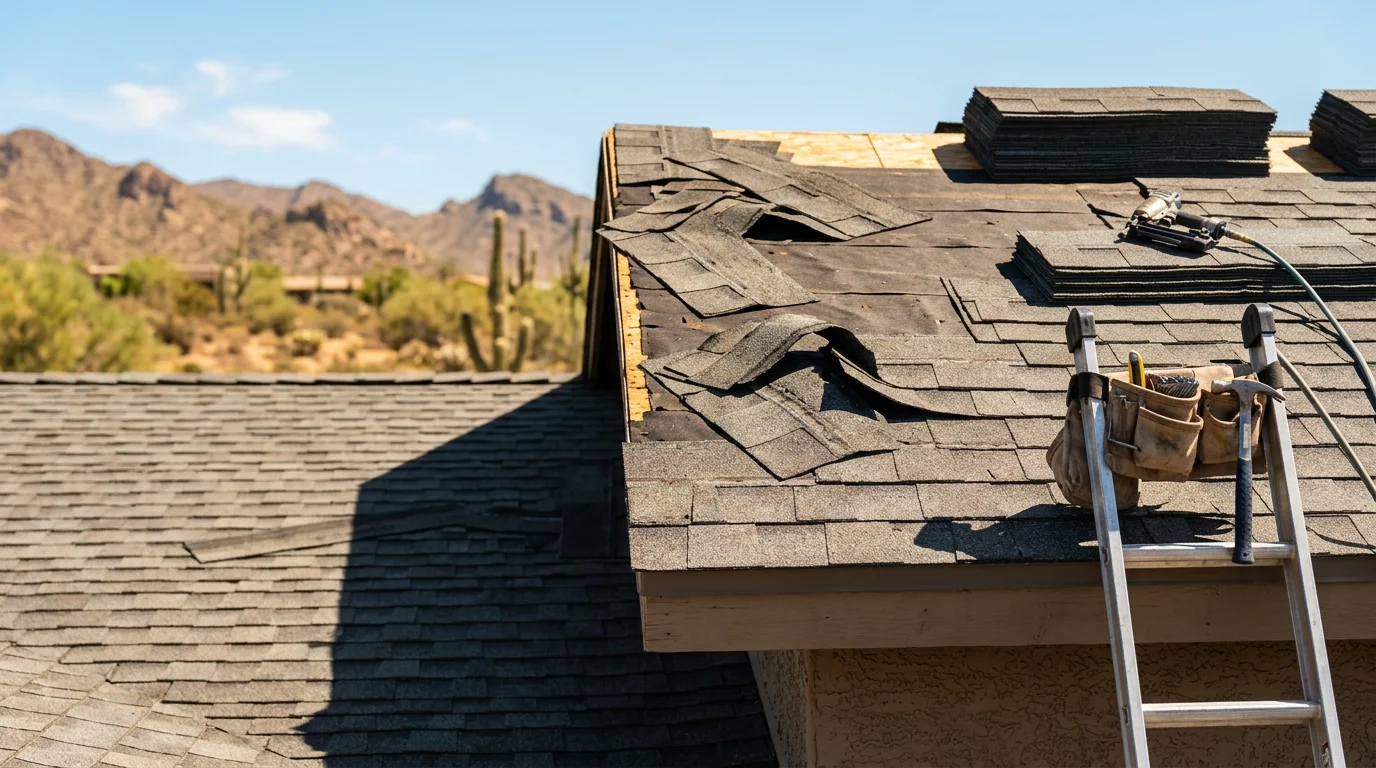 Close-up view of torn and lifted asphalt shingles on a residential roof in Paradise Valley, Arizona, showing exposed underlayment along the ridge after monsoon wind damage. A roofing contractor from Irish Roofing Company inspects the affected area from the roof surface.