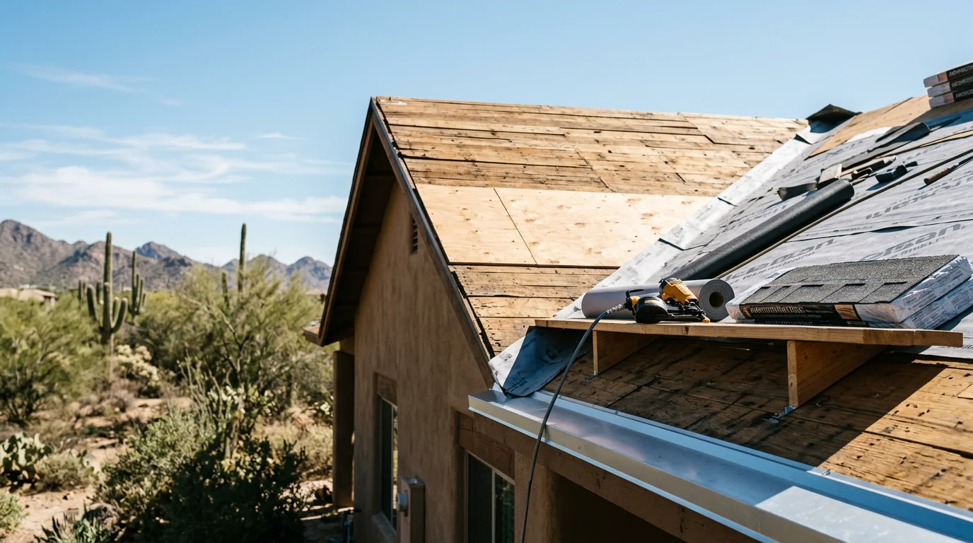 A completed total roof replacement on a custom Paradise Valley, AZ home, showing a clean new roofing system installed across a multi-pitch desert-modern roofline under a clear Arizona sky.