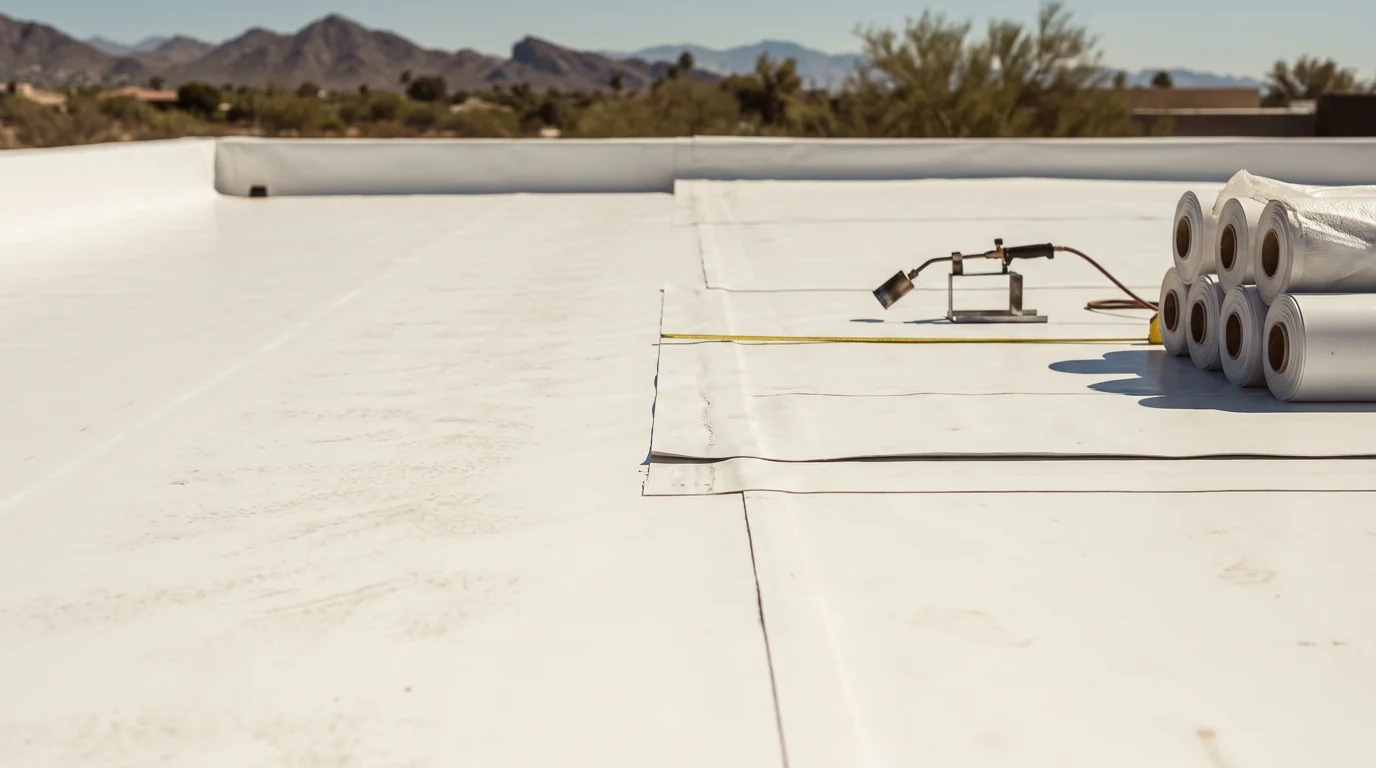 A freshly installed white TPO membrane roof on a flat-roofed residential property in Paradise Valley, Arizona, with the desert landscape visible in the background. The seamless white surface reflects bright sunlight under a clear blue Arizona sky.