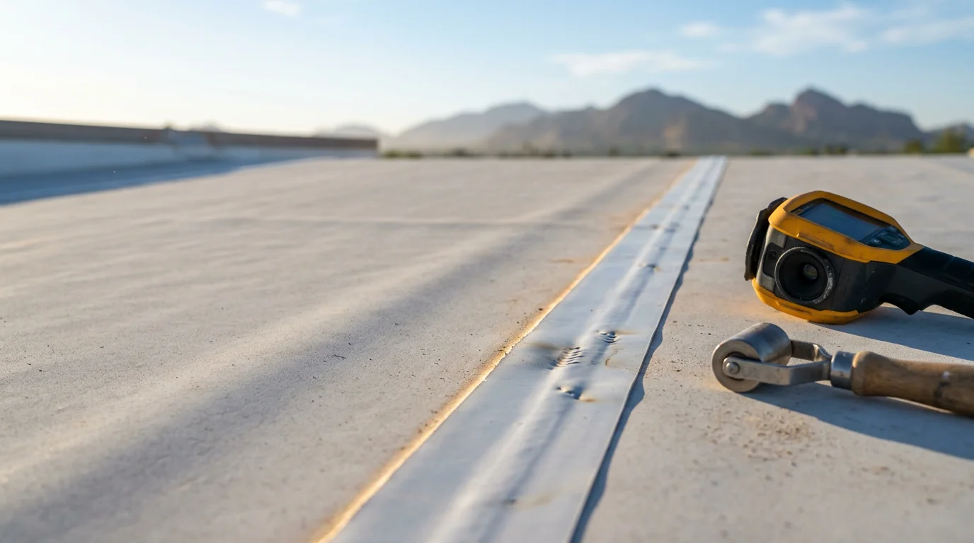 Close-up of a repaired TPO membrane seam on a flat roof in Paradise Valley, Arizona, with clean heat-welded edges and resealed flashing around an HVAC curb under bright desert sun.