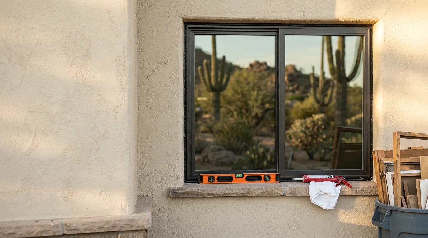A newly installed window on a single-story residential home in Paradise Valley, Arizona, showing a clean frame seal against a stucco exterior wall. The surrounding desert landscape and clear blue sky reflect the region's intense sun exposure.