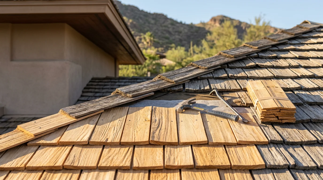 A wood shake roof on a custom residential home in Paradise Valley, Arizona, showing natural wood texture and shadow lines across the pitched roofline. A roofing crew inspects and replaces individual shakes under clear desert sky conditions.